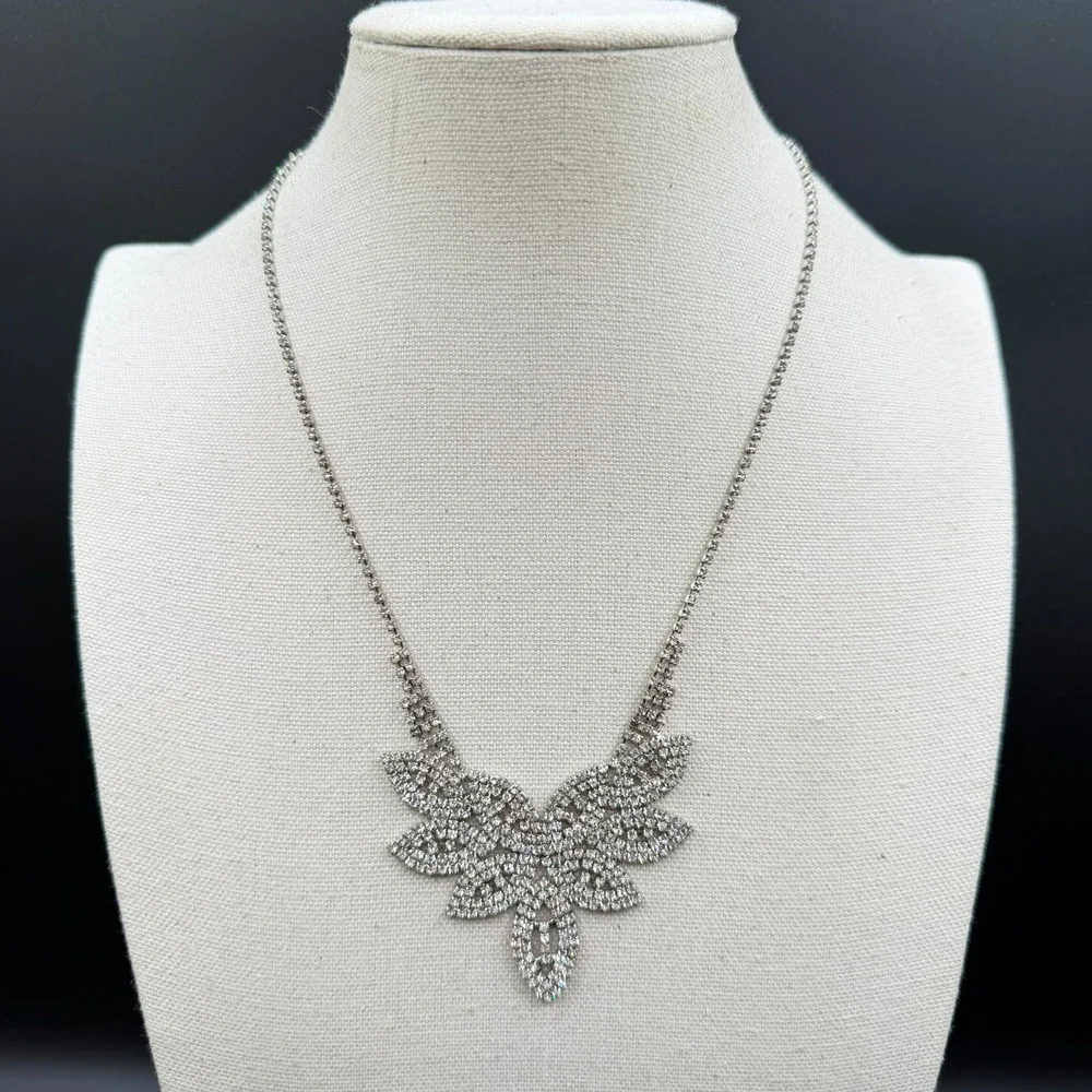Rhinestone Leaf Statement Necklace Silver Tone Crystal Floral Bib Collar Jewelry